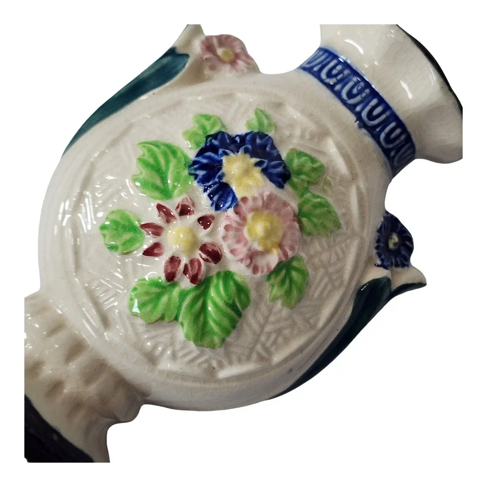 Vintage Made in Japan Floral Relief Ceramic Bud Vase Blue Pink Cream 6.25 inch